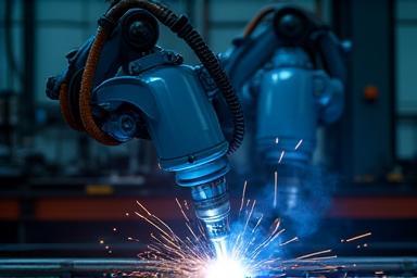Robotic Welding arm in action with sparks